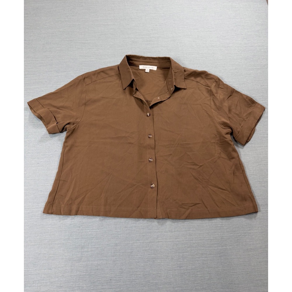 Rose + Olive Button Up Top Women S Brown Excellent Rayon Cropped Boxy